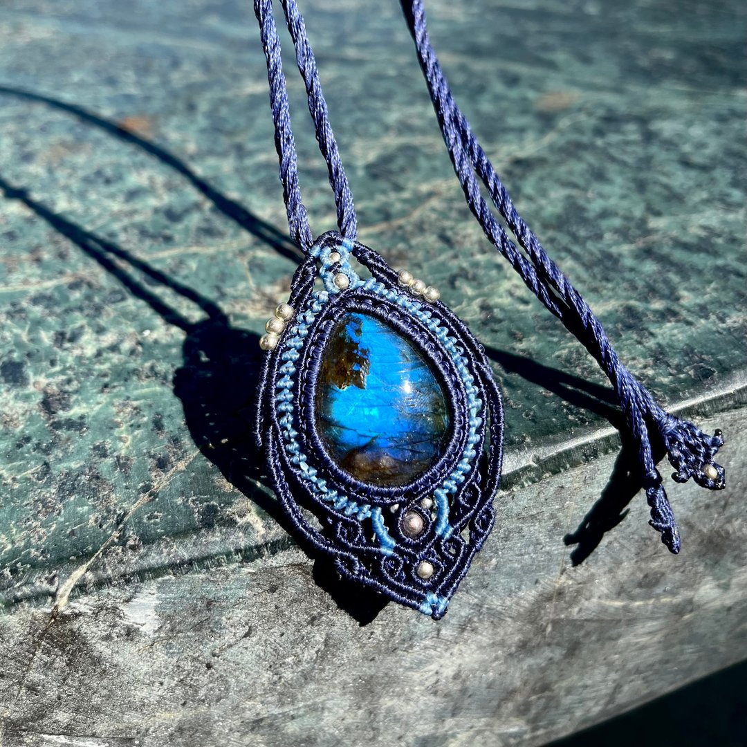 喜迎瑶 Macrame 拉长石 蜡线项链 手工编织 嬉皮 民族风 天然石 - 项链 - 水晶 蓝色