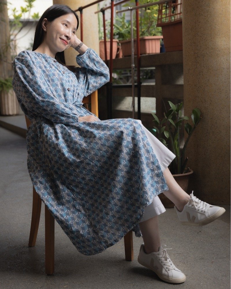 印度盖染工艺纯棉 长袖长版洋装/罩衫 －玄武岩蓝 - 女装上衣 - 棉．麻 蓝色