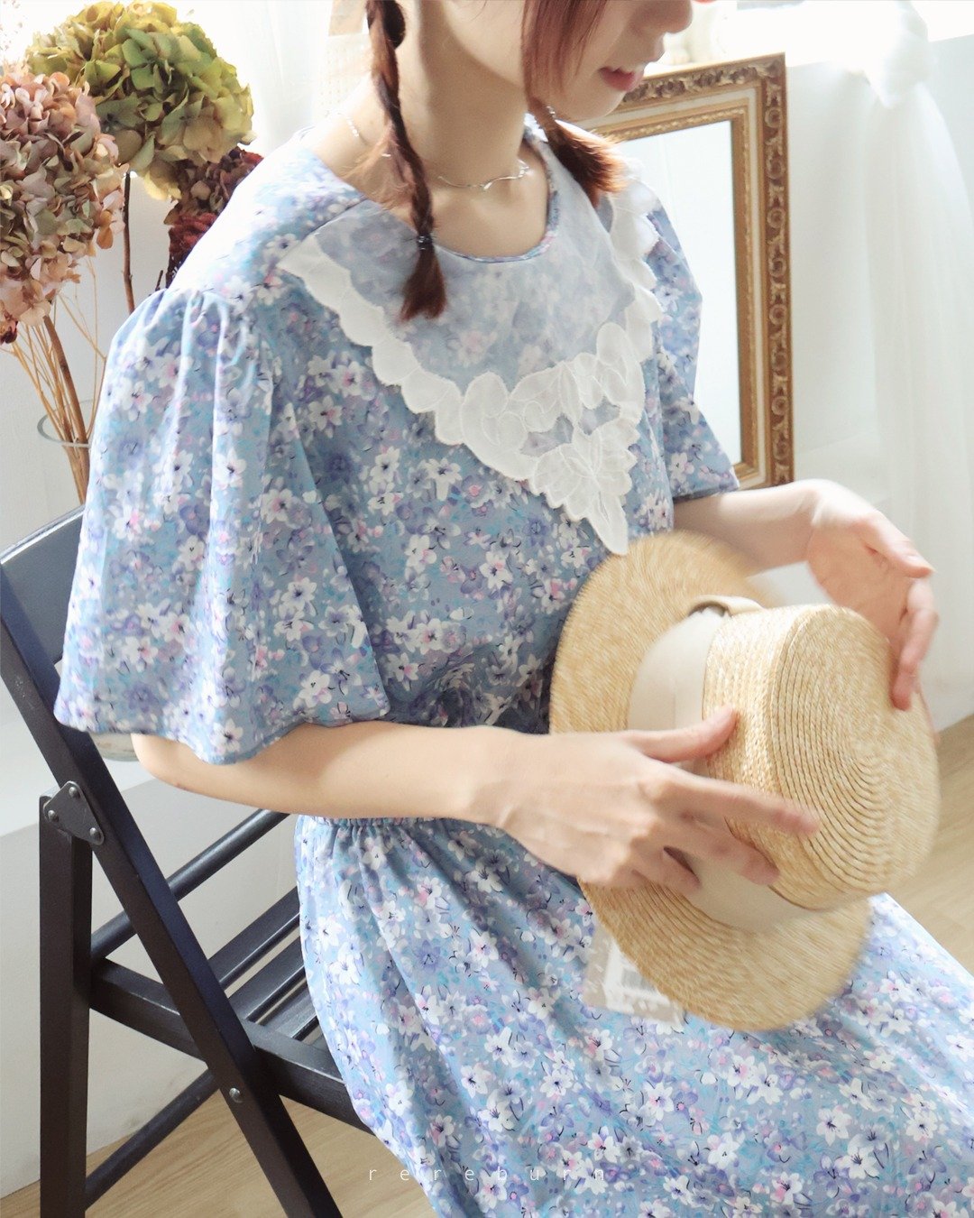 美国制复古剪裁刺绣翻领花朵印花蓝色宽松短袖古着洋装 - 洋装/连衣裙 - 聚酯纤维 蓝色