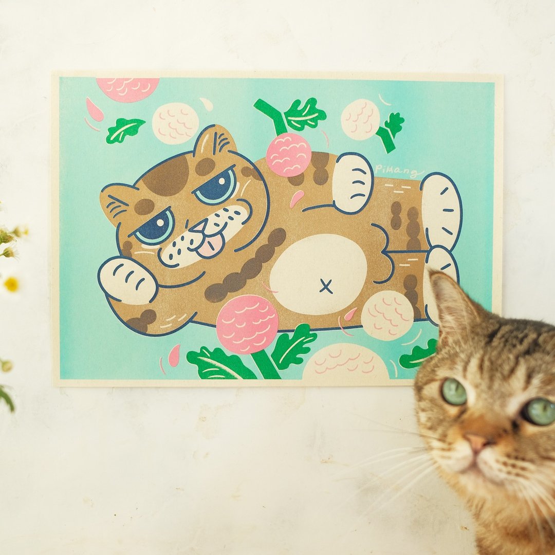 猫与花海报 / 达吉乒乓菊 / A4 孔版印刷 - 海报/装饰画/版画 - 纸 绿色