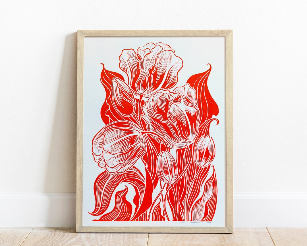 红色郁金香花油毡印花春季墙面艺术原创艺术品入口装饰 - 墙贴/壁贴 - 纸 红色