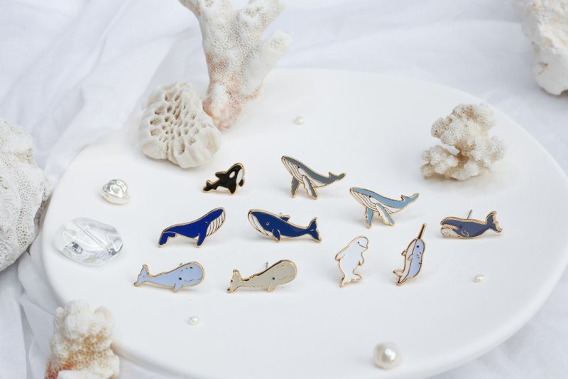 鲸鱼组合 Whale 海洋生物 夹式耳环 手工饰品 生日礼物 纸盒包装 - 耳环/耳夹 - 珐琅 多色