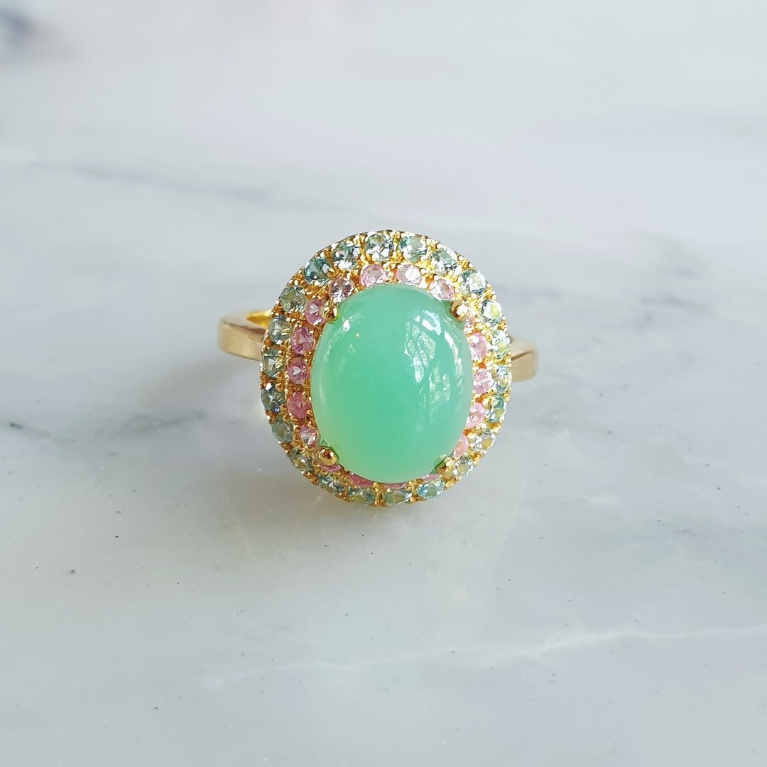 Chrysoprase ring set with Blue topaz and Pink Tourmaline in 925 Silver . - 戒指 - 宝石 多色