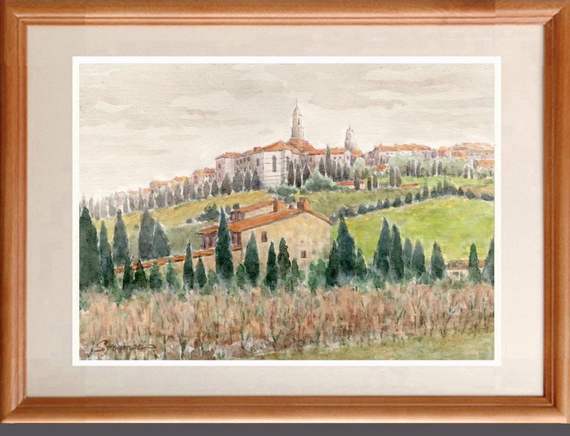 原创水彩画：意大利皮恩札风景 - 海报/装饰画/版画 - 纸 绿色