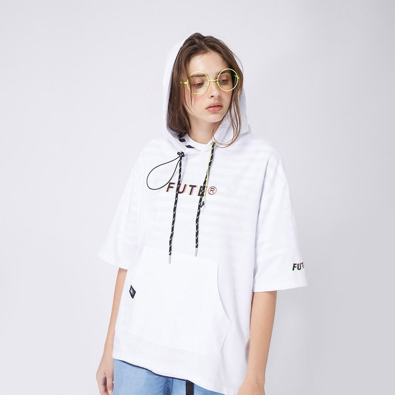 【中性款】五分袖连帽运动衫 / 白色 - 女装上衣 - 棉．麻 白色