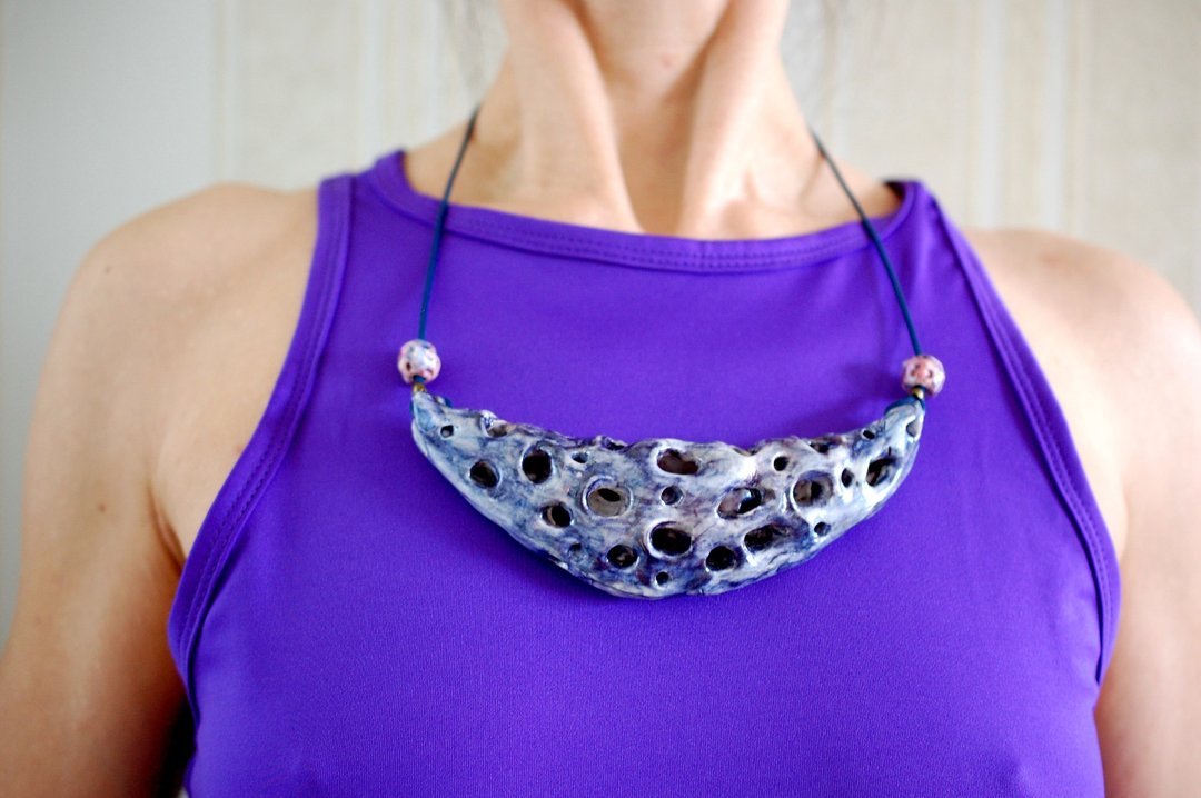 Ceramic necklace Large porcelain pendant leather cord Perforated necklace Blue - 项链 - 瓷 蓝色