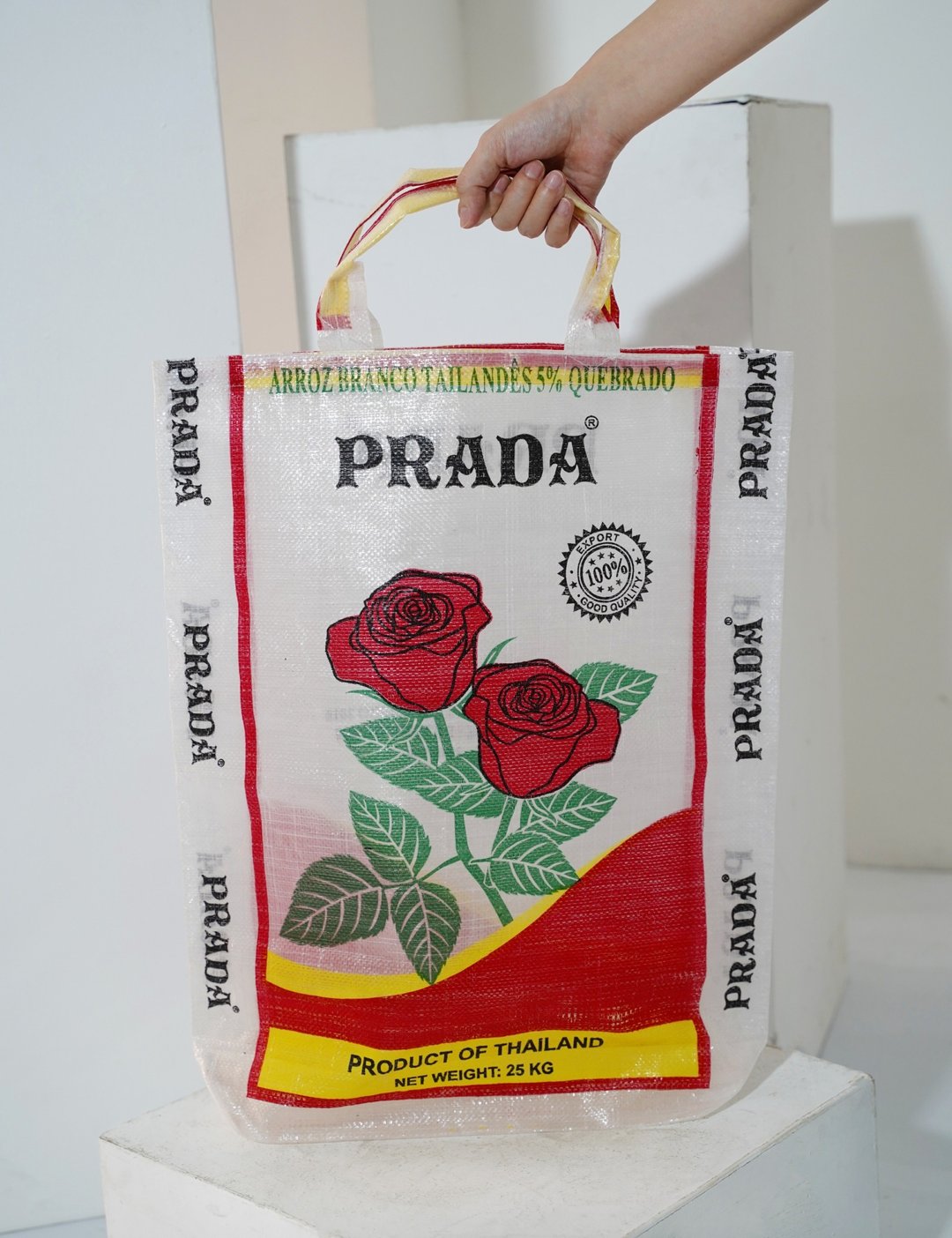 雾白色玫瑰印花米袋托特包 - 其他 - 塑料 透明