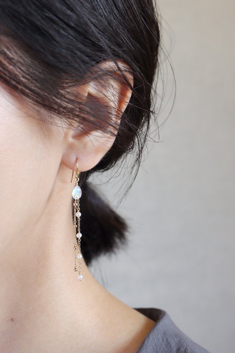 14KGF 月光石×珍珠 天然石耳环 三种戴法 长款 - 耳环/耳夹 - 宝石 透明