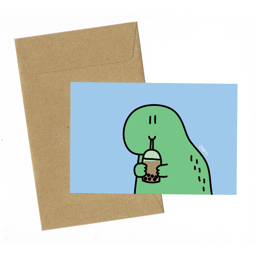 Dinosaur Bubble Milk Tea Card with envelope - 卡片/明信片 - 纸 蓝色