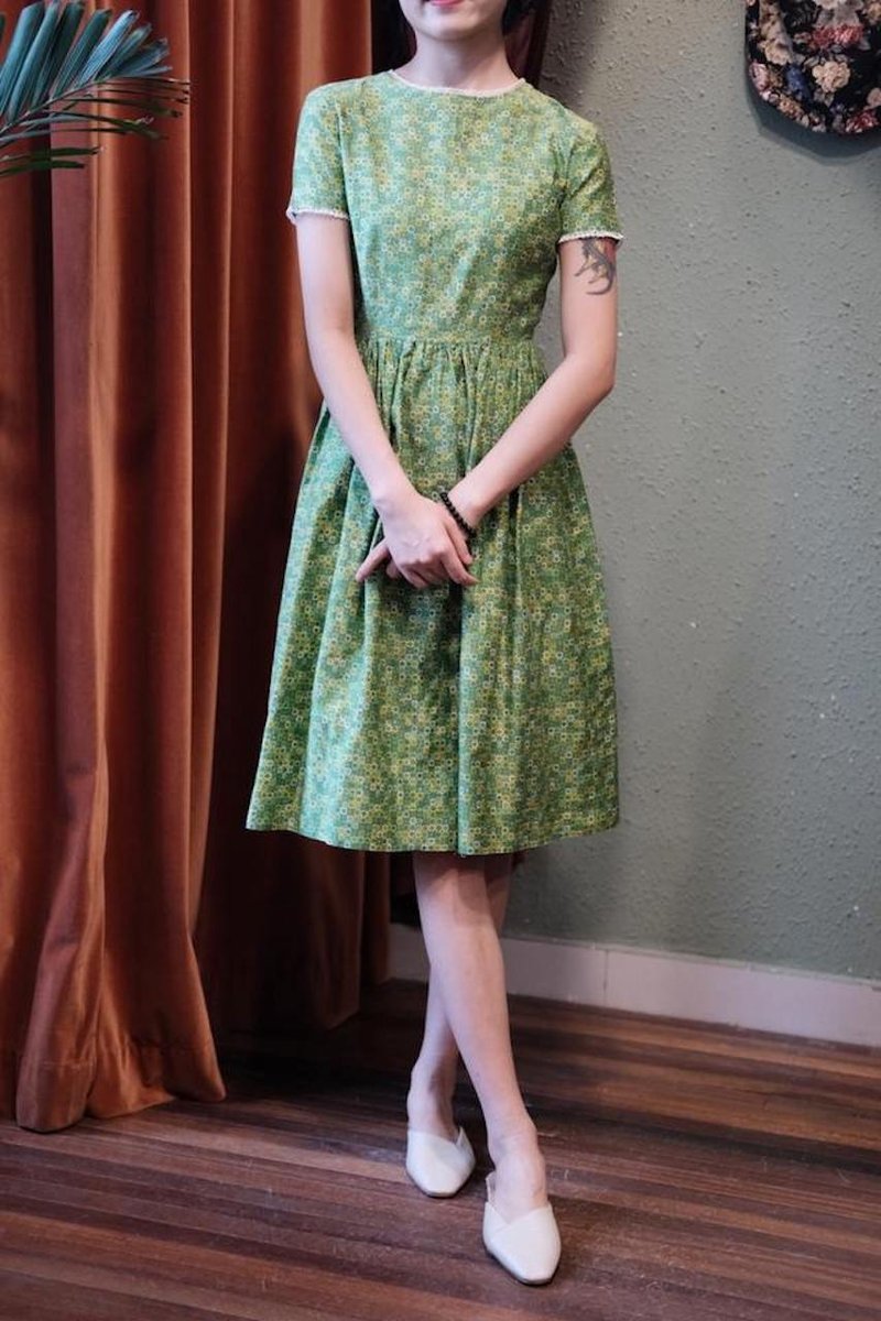 vintage dress蕾丝小花边印花连衣裙古着洋装 - 洋装/连衣裙 - 棉．麻 