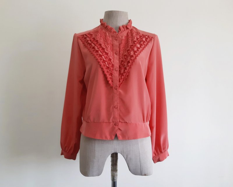 复古粉红荷叶边领衬衫 女长袖刺绣上衣 M号 - 女装上衣 - 聚酯纤维 粉红色