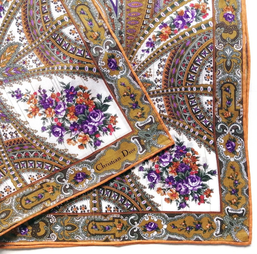 Christian Dior Vintage Handkerchief Motif Floral 21 x 20.5 inches - 丝巾 - 棉 咖啡色