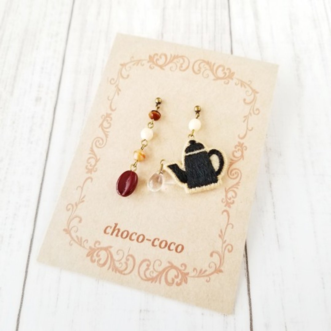 cafe earrings, Clip-On, coffee pot, black - 耳环/耳夹 - 绣线 黑色