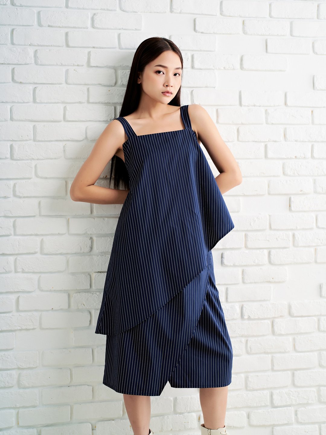 平口不对称背心_日本蓝条纹纯棉布料 - 女装背心 - 棉 蓝色