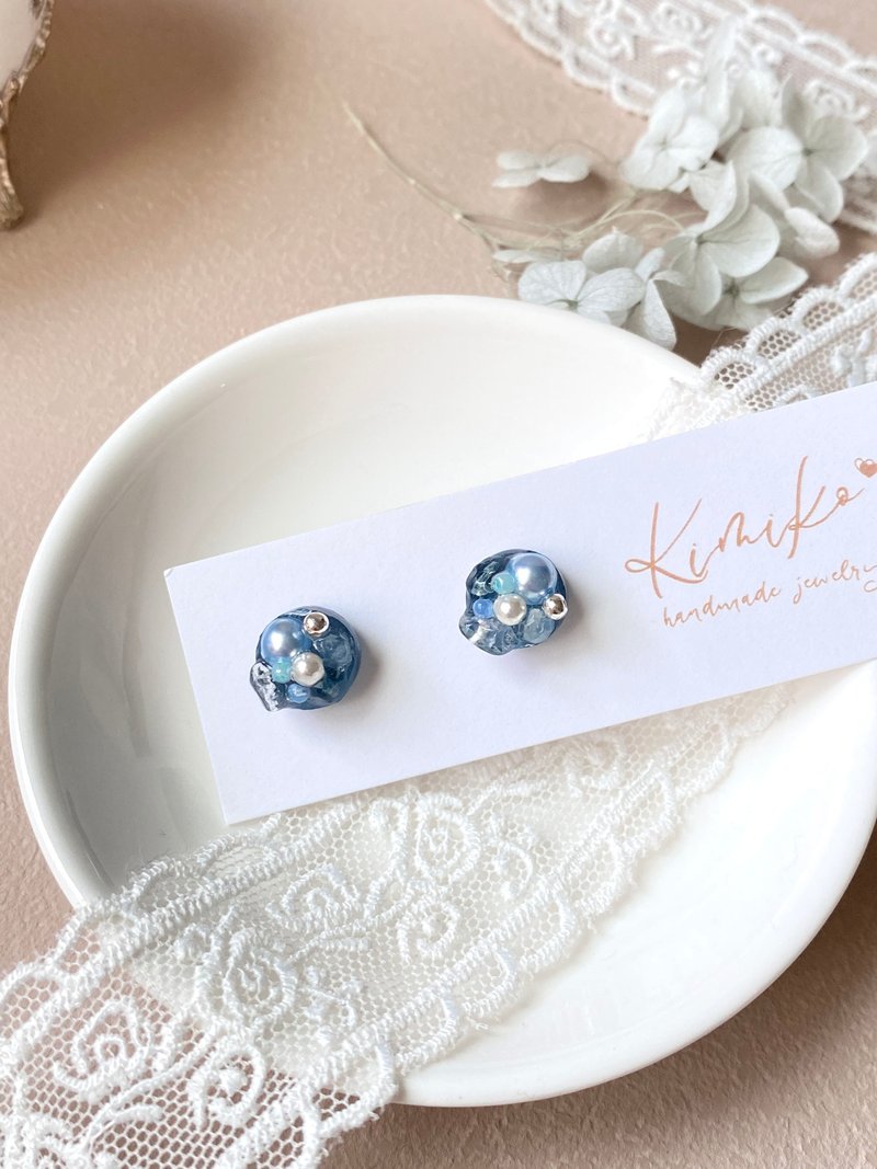 【不锈钢耳针】天然石海蓝宝盒造型耳环・湛蓝晶透天然石设计 - 耳环/耳夹 - 不锈钢 蓝色