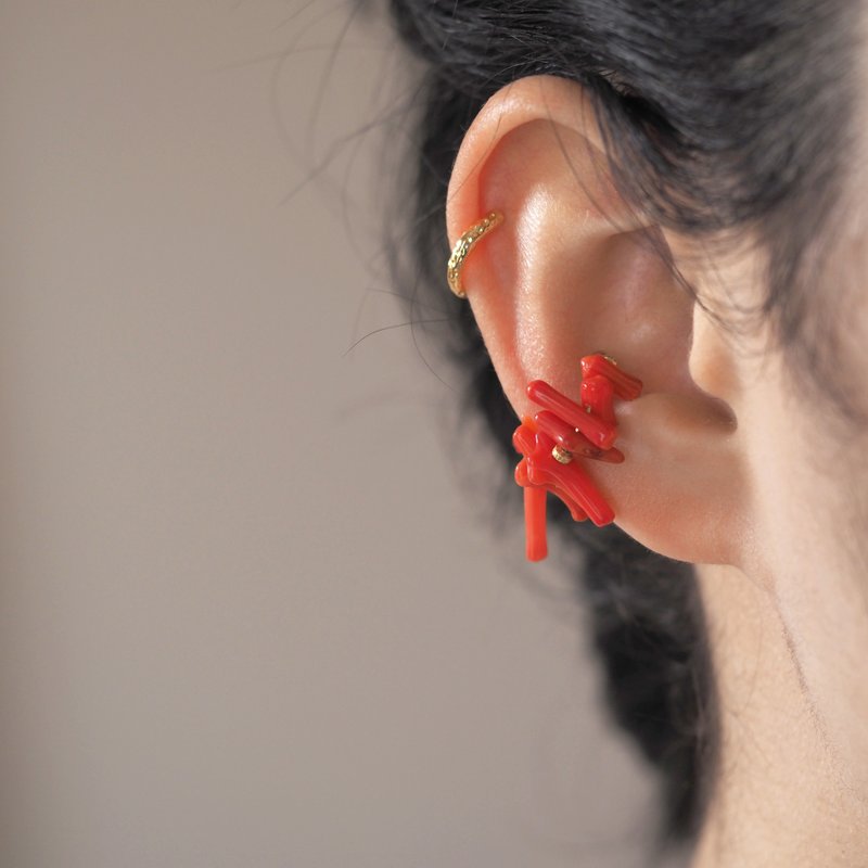 珊瑚耳扣 - 3月诞生石 - Coral - EC38 - 耳环/耳夹 - 半宝石 红色