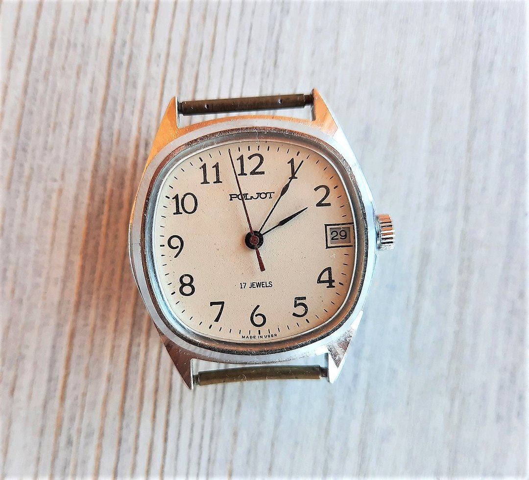 Wind up Soviet watch Poljot 17 jewels - vintage mechanic small mens wristwatch - 男表/中性表 - 不锈钢 白色