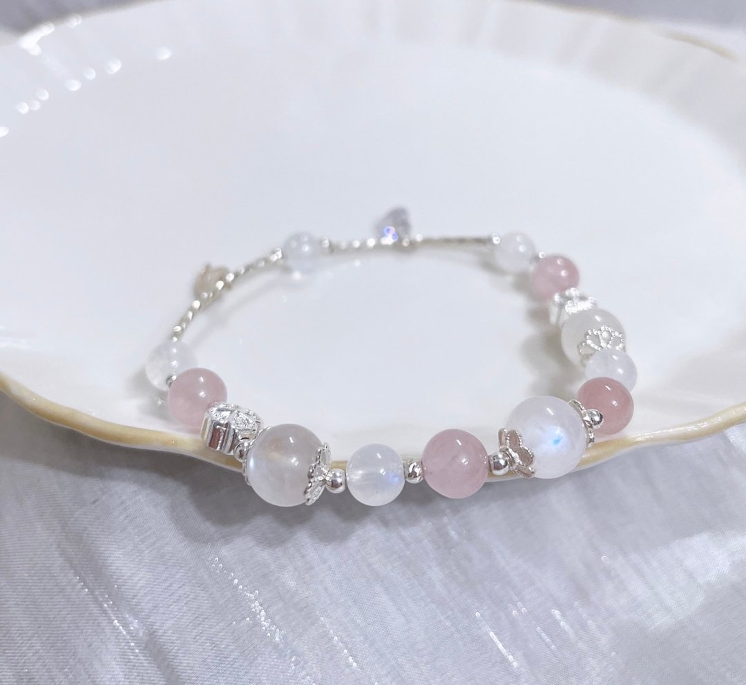 S925纯银/月光石//粉水晶/爱心钻石吊坠/羽毛/弹性手环 - 手链/手环 - 其他金属 白色