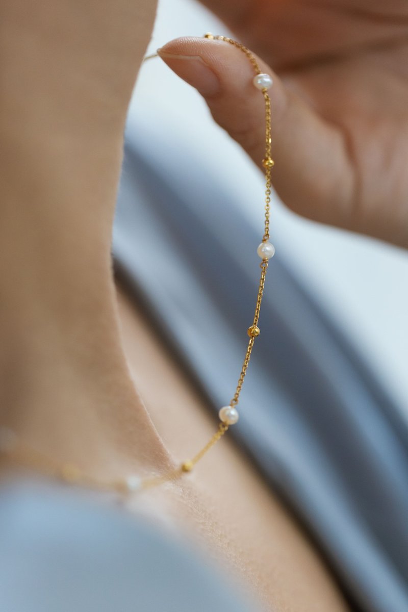 Luna Dew 月光下的露珠 淡水珍珠项链 锁骨链 316L医疗钢18k金 - 项链 - 纯银 金色