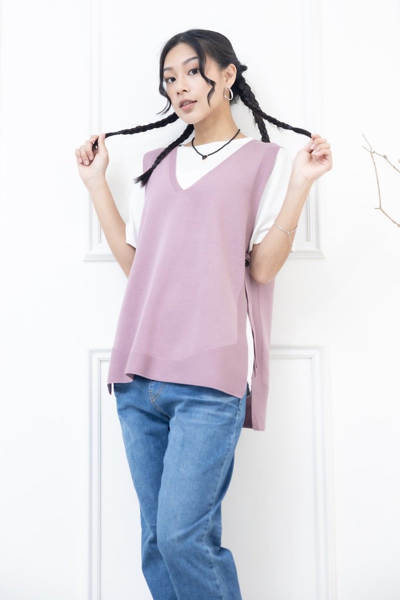 v领两侧绑带针织背心 紫色 - 女装背心 - 其他材质 紫色