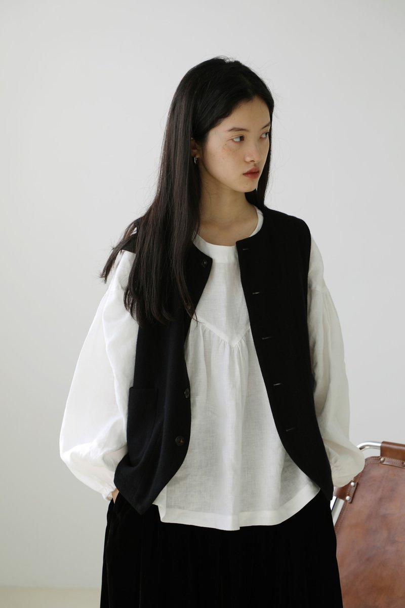 法国產亚麻 复古花苞襯衣  黑白 I Amish Style Top - 女装上衣 - 棉．麻 