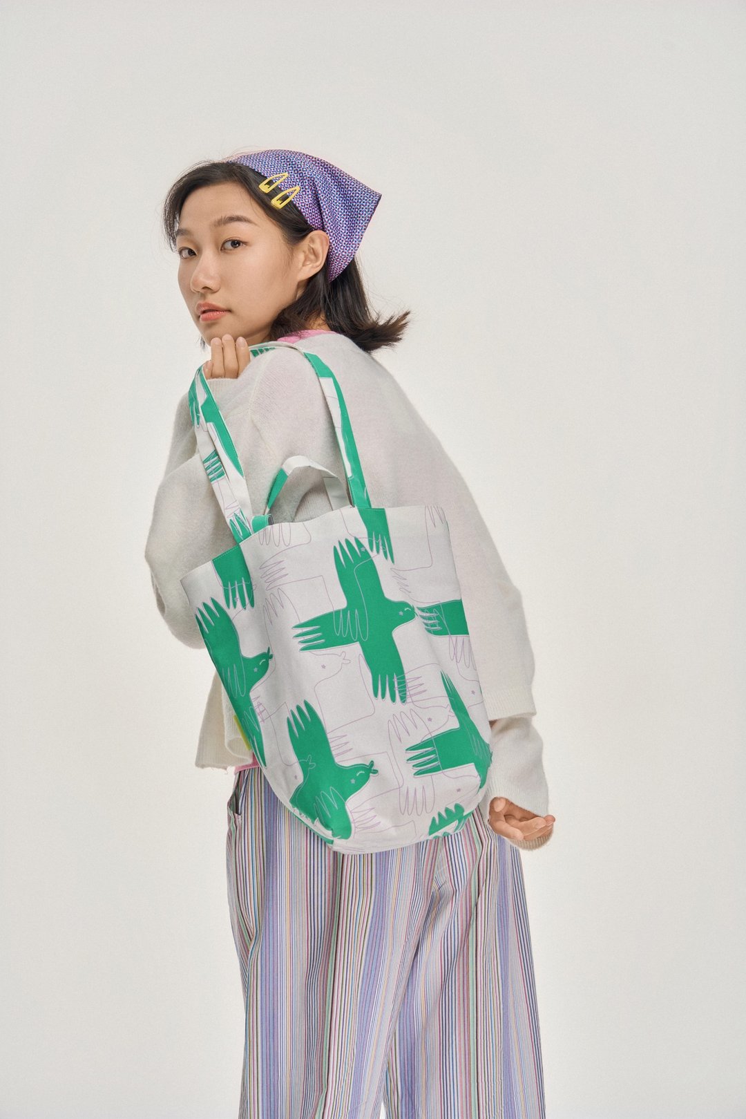 绿飞鸟图案印花帆布包-中号 - 侧背包/斜挎包 - 棉 绿色
