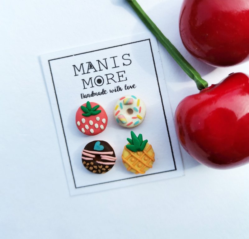 甜甜圈耳环4件组 草莓 凤梨 耳环 可改夹式 - 耳环/耳夹 - 粘土 