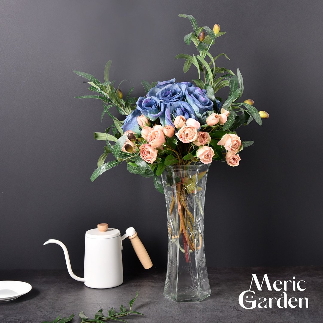 Meric Garden 仿真沁溢蓝粉玫瑰花艺花瓶组 - 干燥花/捧花 - 其他人造纤维 蓝色