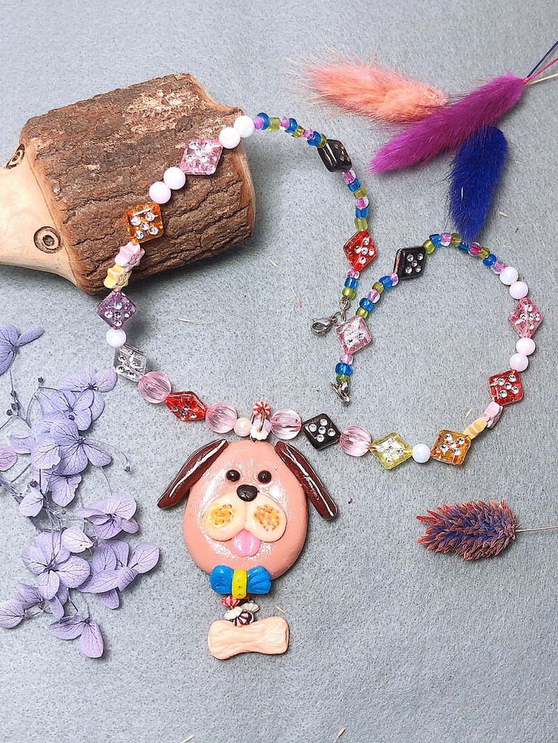 狗狗骨头 手作黏土项链 陶土 手绘捏制 钢丝线不锈钢扣 串珠 - 项链 - 粘土 咖啡色