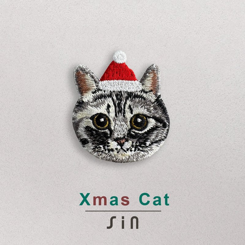 单卡圣诞小猫-刺绣贴纸-曼赤肯短腿猫(XHC0009) - 贴纸 - 绣线 红色