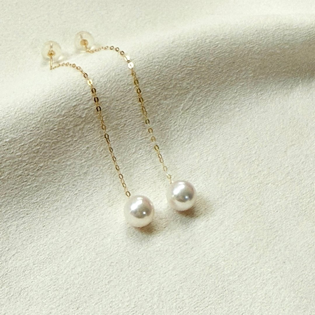 极光流苏 18K 金 Akoya 海水珍珠耳线耳环 - 耳环/耳夹 - 珍珠 