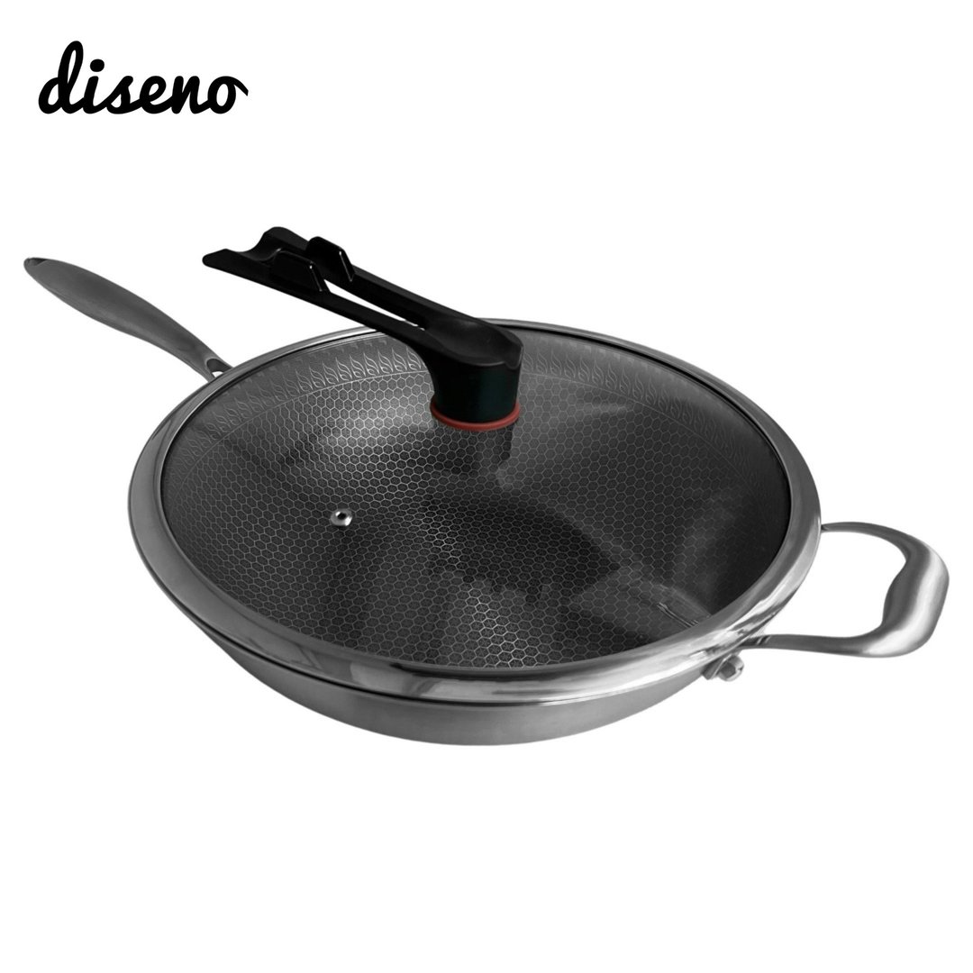 diseno - 32cm蜂窝纹悬浮不锈钢中式炒锅连盖 - 锅具/烤盘 - 不锈钢 黑色