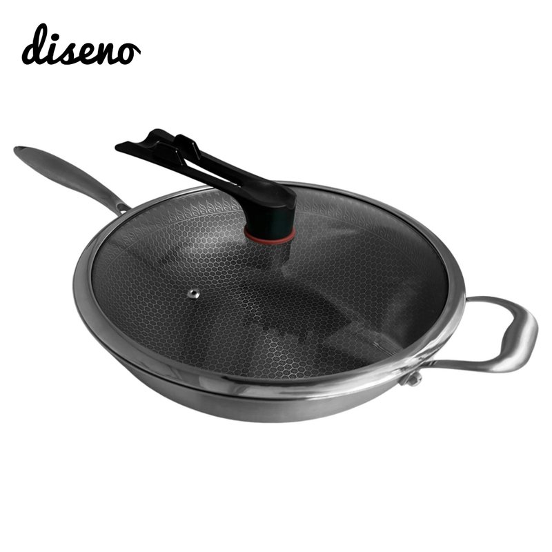 diseno - 32cm蜂窝纹悬浮不锈钢中式炒锅连盖 - 锅具/烤盘 - 不锈钢 黑色