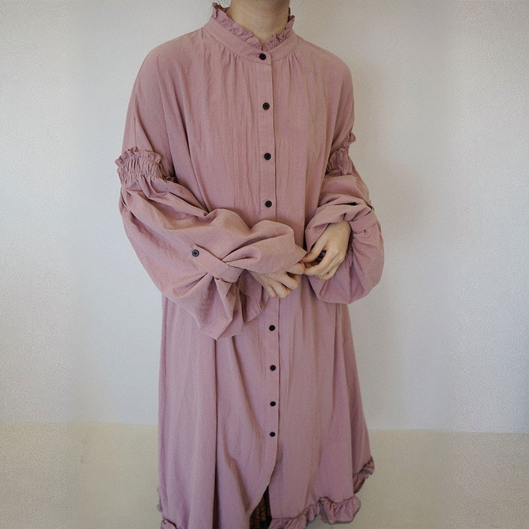 復古乾枯色燈籠袖長裙 / 大裙擺層次感花邊 / 小眾設計女裝 - 洋装/连衣裙 - 棉 粉红色