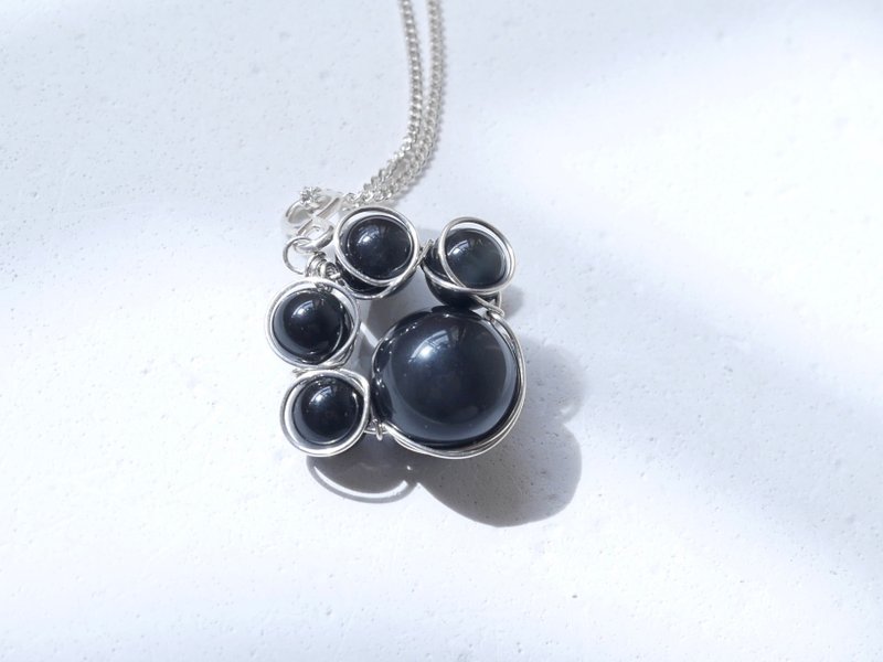 黑曜石猫手掌吊咀连颈链 - 项链 - 纯银 