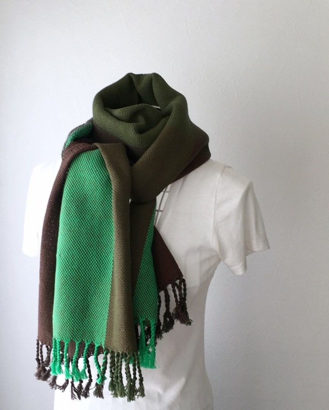 [Cotton: All season] hand-woven stall "Green Stripe" - 丝巾 - 棉 绿色