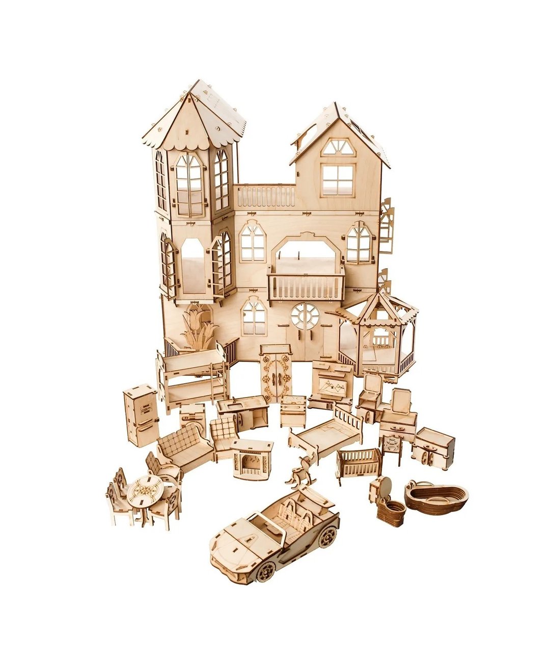 Dollhouse Mansion with car and furniture | Scale 1:12 Wooden Dollhouse - 玩具/玩偶 - 木头 