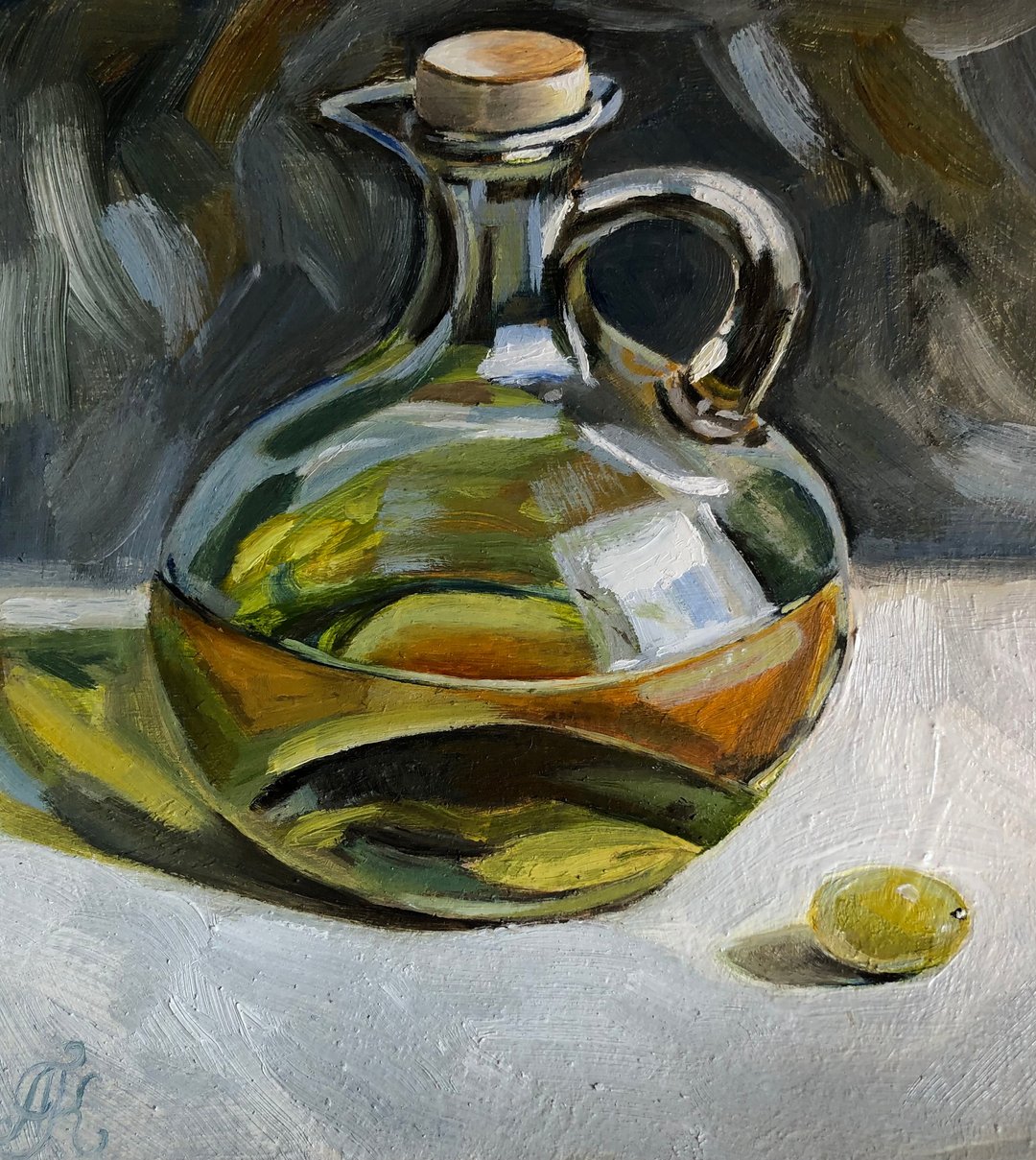 Olive oil still life kitchen painting wall art 6x6 inches Original oil painting - 墙贴/壁贴 - 棉 橘色
