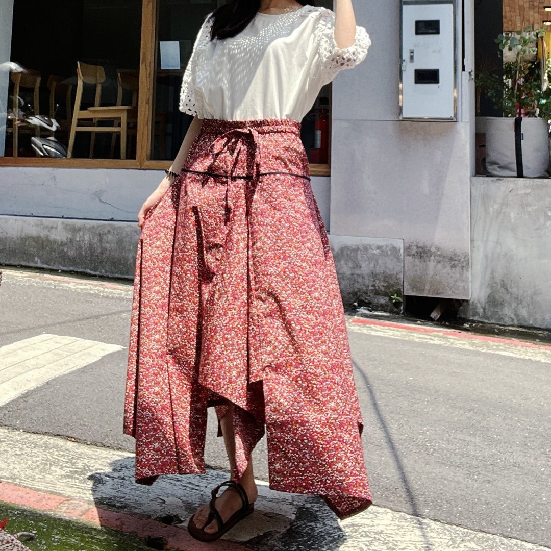 红白花 - 多角造型裙 #T6052 - 裙子 - 棉 红色
