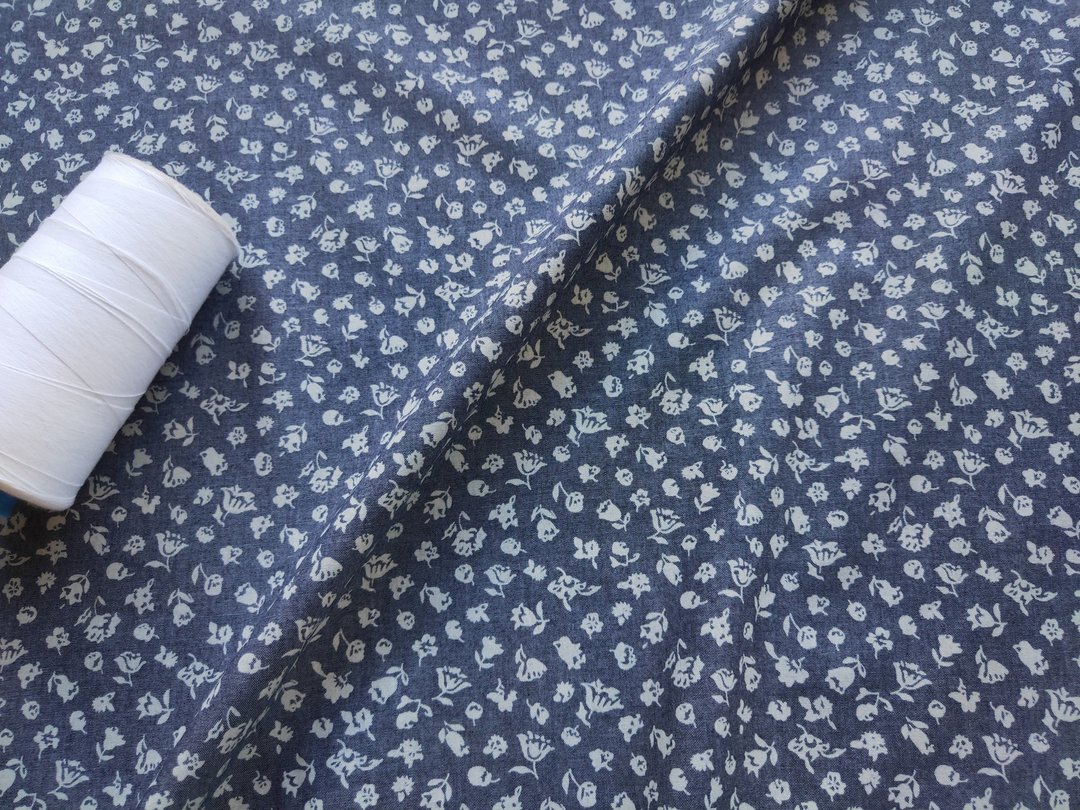 法式优雅 丹宁花朵  纯棉印花布 - 编织/刺绣/羊毛毡/裁缝 - 棉 蓝色