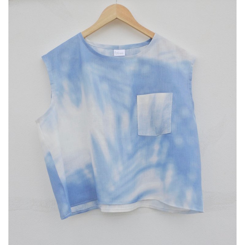 亚麻 | 蓝白印花无袖上衣 - 女装上衣 - 棉．麻 白色