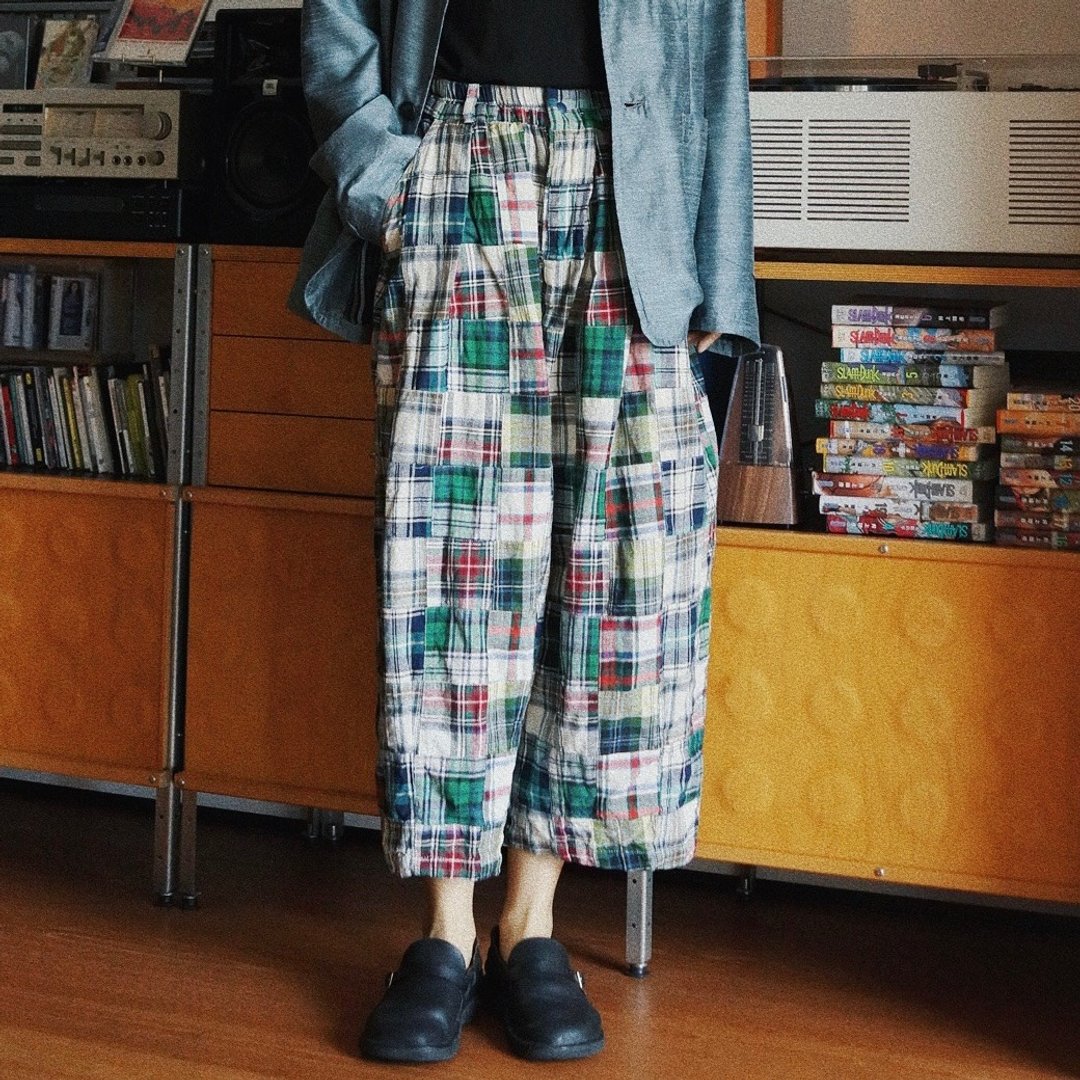 花色拼布 馬德拉斯中性大廓形燈籠褲 patchwork彩色格子休閒寬褲 - 女装长裤 - 棉 多色