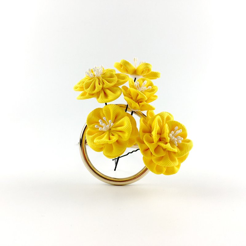 Kaika Ato / 山茶茶-深鹅黄-五件组 / つまみ细工 花簪 - 发饰 - 其他材质 黄色