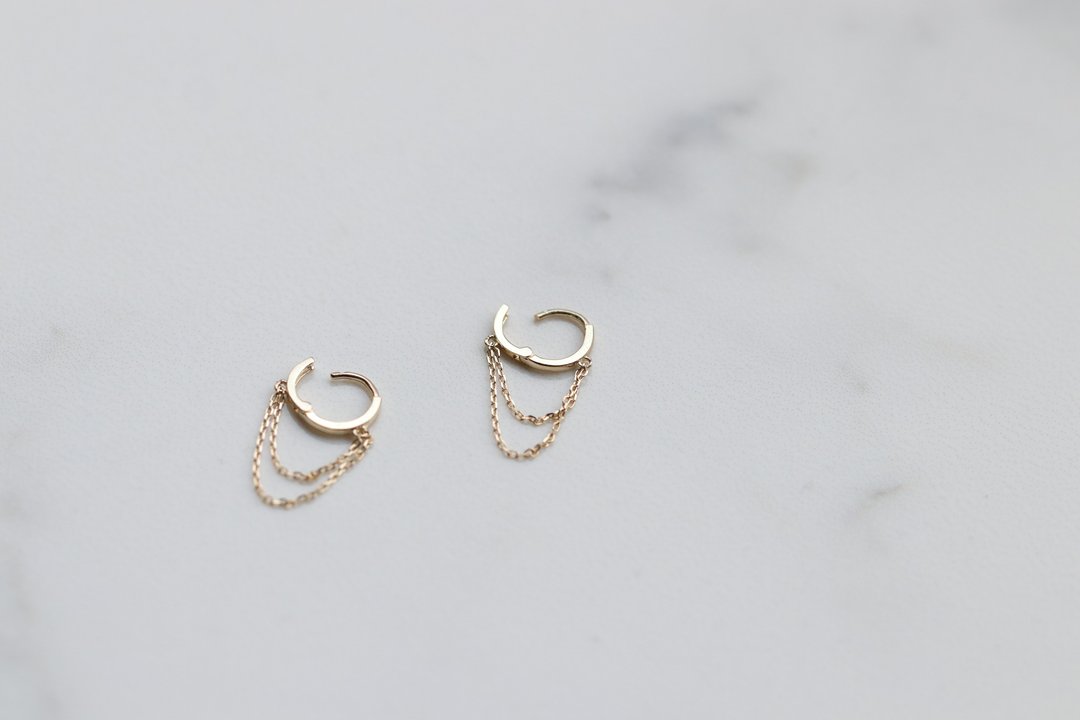 14K 圆耳扣双链耳环 (7mm) (单个)  洗澡免摘  流汗碰水不褪色 - 耳环/耳夹 - 贵金属 金色