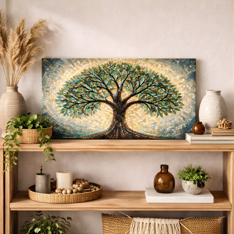 生命之树挂画, 马赛克艺术画, 波西米亚风装饰, 自然疗愈壁画, 客 - 墙贴/壁贴 - 棉．麻 