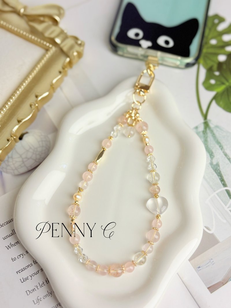 天然水晶手机链 爱心奶白晶 粉晶 草莓晶 找桃花 好人缘 稳定爱情 - 挂绳/吊绳 - 水晶 