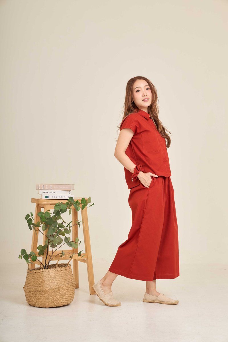 牛津棉质高腰宽裤 - CHAAIM : 红色 - 女装长裤 - 棉．麻 红色