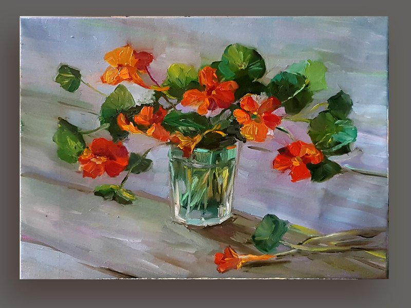 原创花卉油画 Nasturtium 油画 Floral Wall Art 这幅画挂在墙上 - 墙贴/壁贴 - 其他材质 橘色