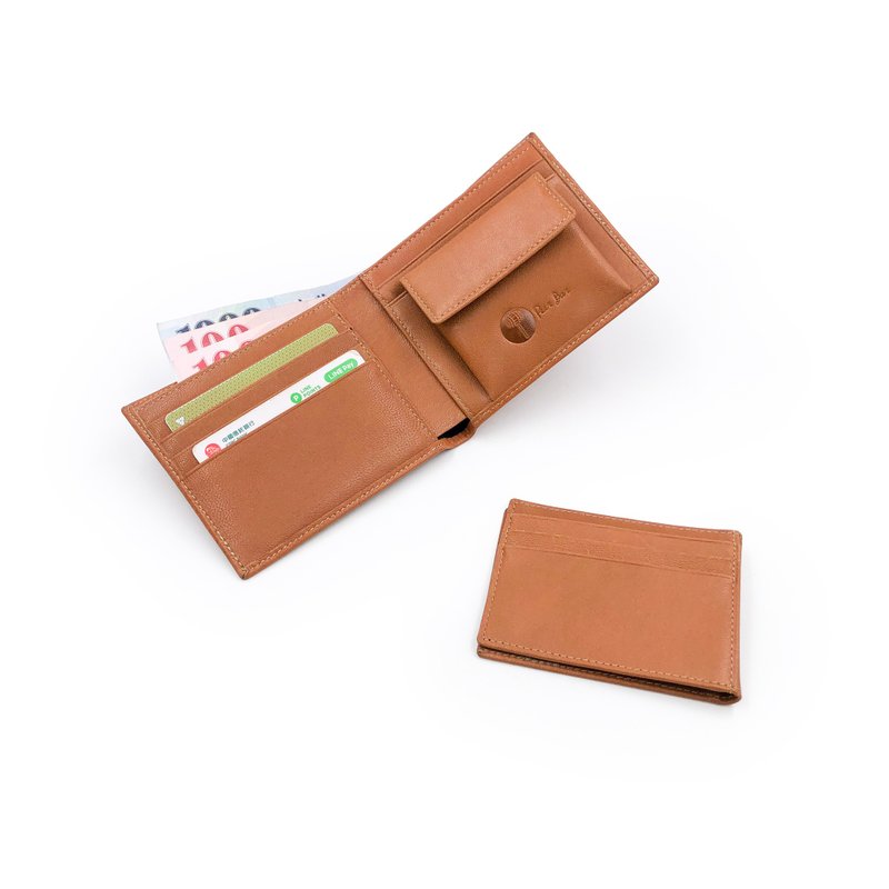 手工植鞣羊皮-小羊皮短夹-零钱款 leather wallet - 皮夹/钱包 - 真皮 卡其色