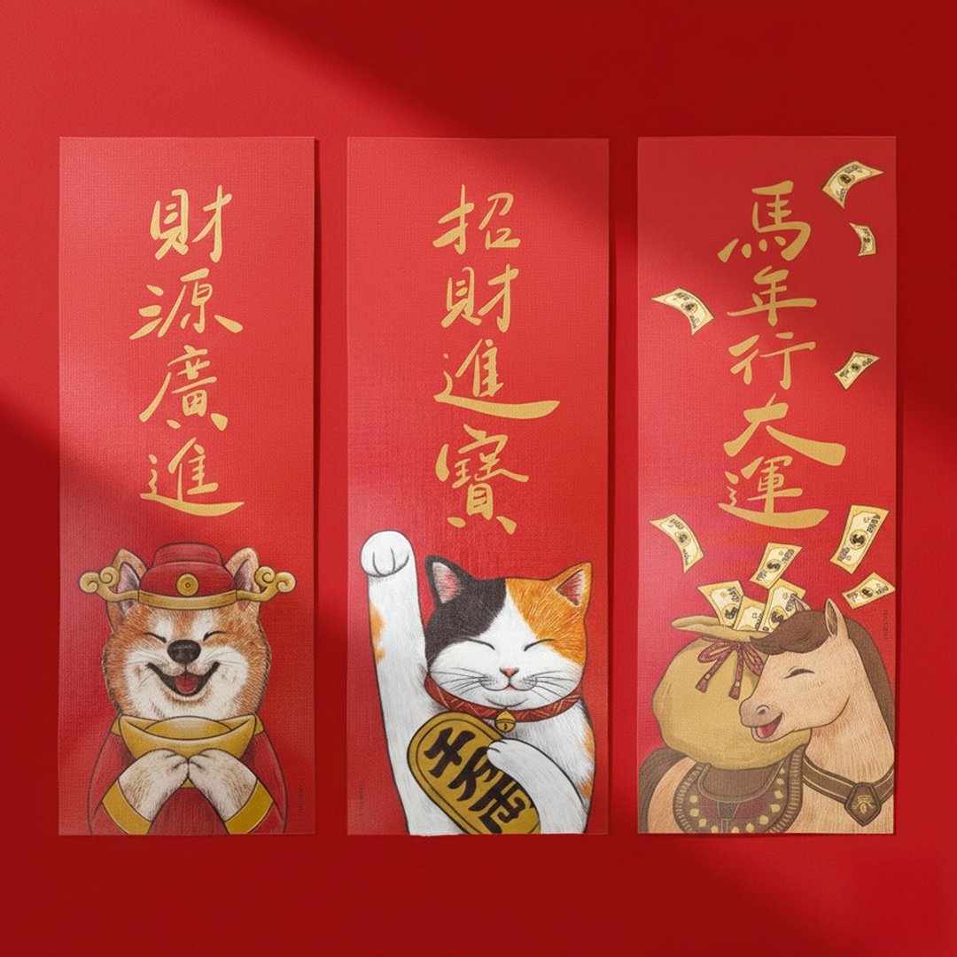 2026动物插画贺词长型春联1入_红包春联/挥春 - 红包/春联 - 纸 红色